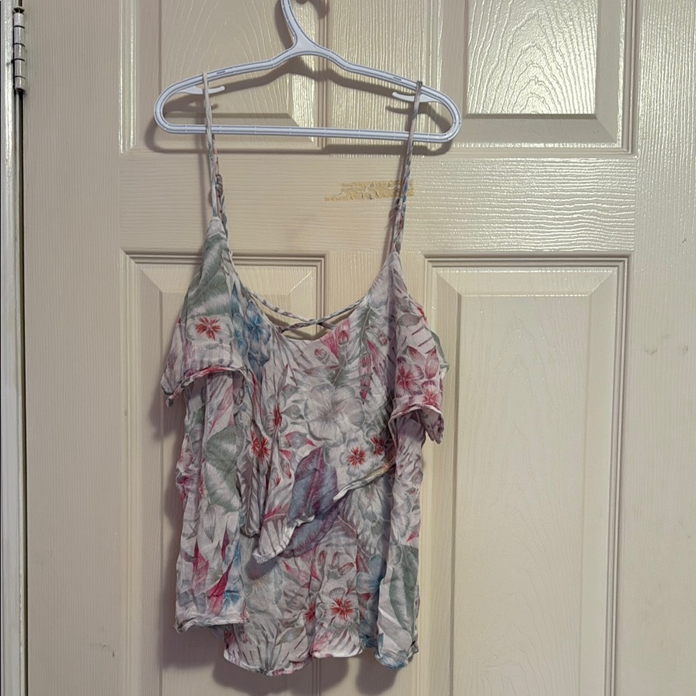American Eagle Outfitters Pink and Purple Ruffled Asymmetrical Camisole